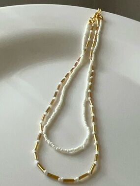 Layered White Pearl and Gold Bead Necklace Set - Women Jewelry
